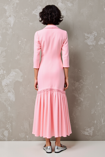 Pink Notched Lapel Floral 3/4 sleeve Wedding Guest Dress